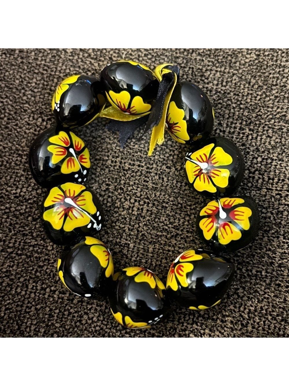 Black Yellow Red Floral Bead Bracelet | Bold Statement | Hand-Painted Flower